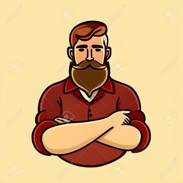 수염을 가진 남자의 드로잉과 팔을 가진 콧수염은 건넜다. 세련 된 hipster 그림입니다.