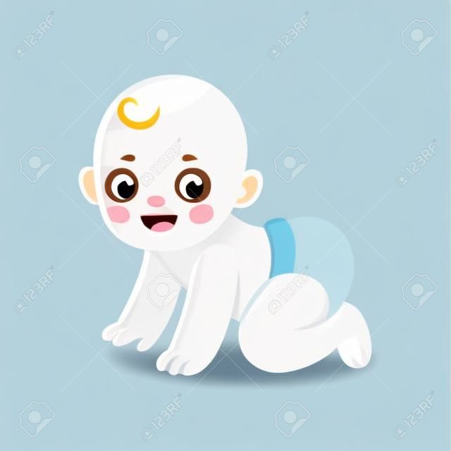 Симпатичный мультфильм ребенка в подгузнике ползания и улыбается. Очаровательны векторные иллюстрации новорожденного.
