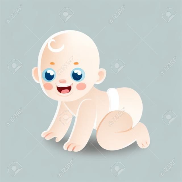 Bambino sveglio del fumetto in pannolino che striscia e che sorride. Illustrazione neonata di vettore adorabile.