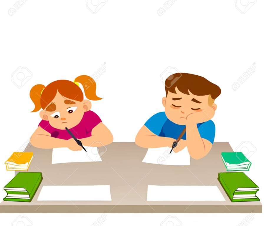 Bored kids at school lesson, boy and girl. Cute cartoon vector illustration.
