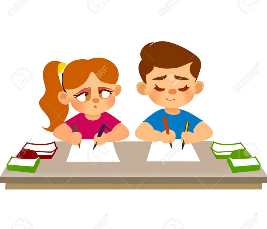 Bored kids at school lesson, boy and girl. Cute cartoon vector illustration.