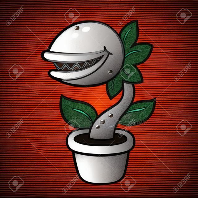 卡通怪物植物绘制邪恶食虫植物与牙齿在花盆矢量插图