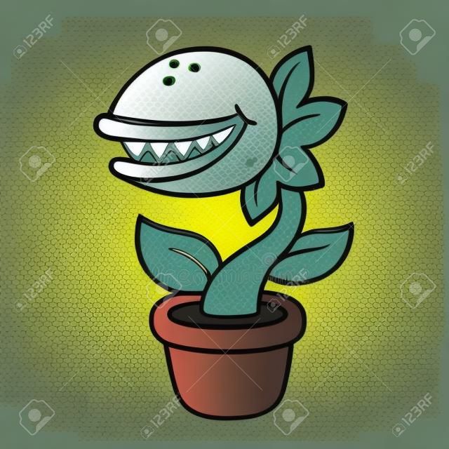 漫画モンスター植物画します。植木鉢で歯を持つ邪悪な食虫植物。ベクトルの図。