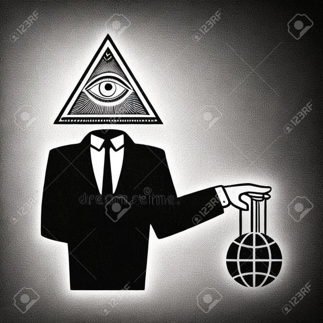 Iluminati conspiracy theory illustration. Hombre en traje negro con todo el símbolo del ojo que sostiene el mundo en cadenas.