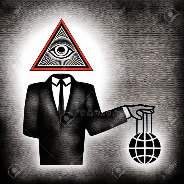 Illuminati conspiracy theory illustration. Man in black business suit with All Seeing Eye symbol holding world on strings.