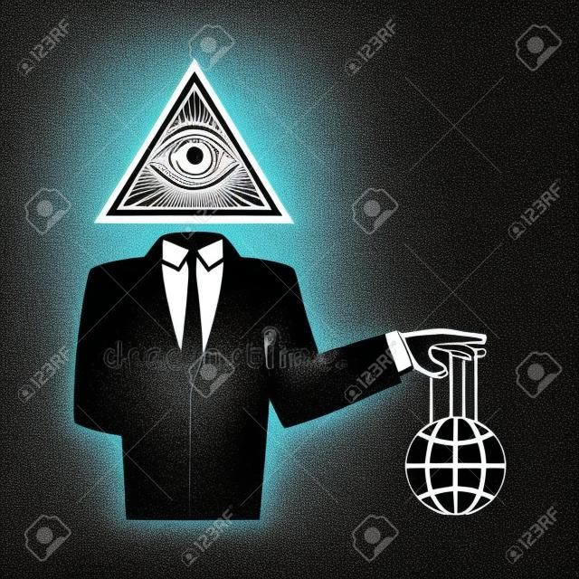 Illuminati conspiracy theory illustration. Man in black business suit with All Seeing Eye symbol holding world on strings.