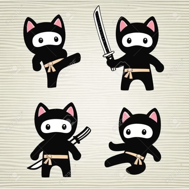 Aranyos rajzfilm ninja macska készlet. Imádnivaló vektor fekete-fehér rajzok egyszerű modern japán stílusban.
