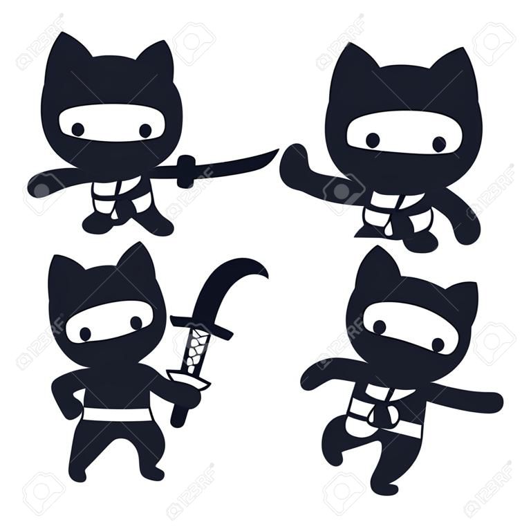 かわいい漫画の忍者猫のセット。シンプルな和モダンで愛らしいベクトル黒と白の図面。