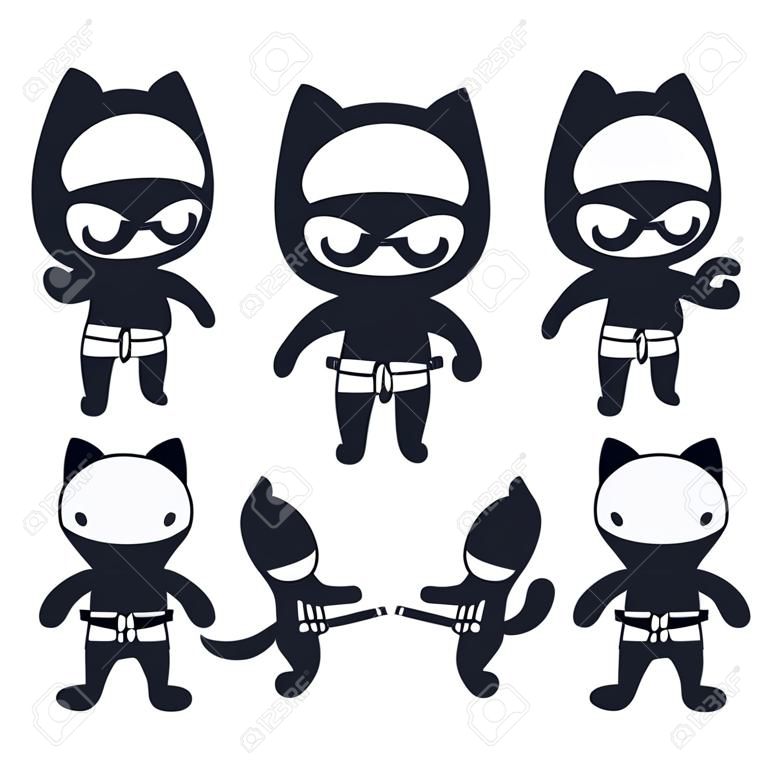 Schattige cartoon ninja kat set. Schattige vector zwart en wit tekeningen in eenvoudige moderne Japanse stijl.