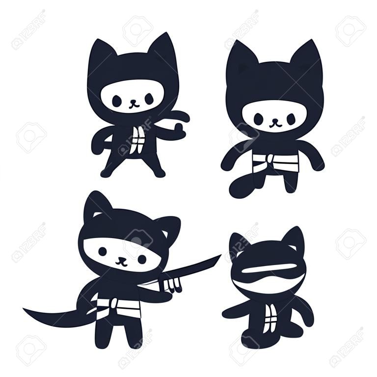 establece gato ninja de dibujos animados lindo. adorable del vector negro y dibujos en blanco en estilo sencillo japonesa moderna.