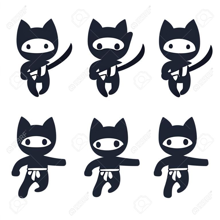 Cute cartoon ninja cat set. Adorable vector black and white drawings in simple modern Japanese style.