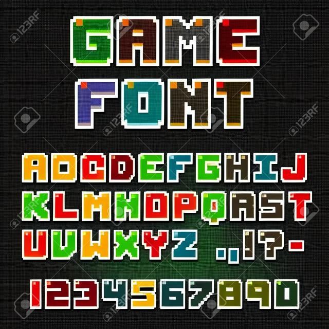 픽셀 비디오 게임 글꼴. 8 비트 기호, 문자 및 숫자. 올드 스쿨 레트로 향수 서체.