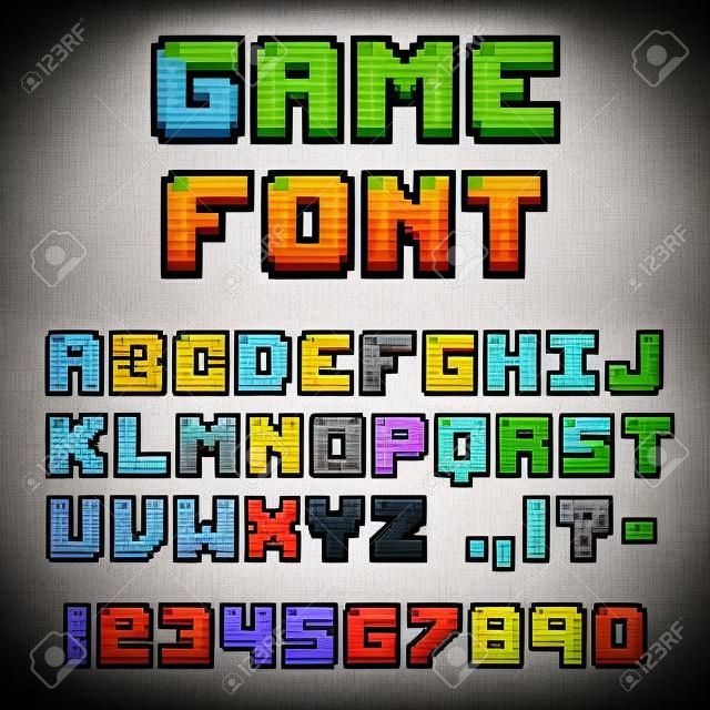 Пиксельный шрифт видеоигры. 8-битные символы, буквы и цифры. Oldschool ретро ностальгический шрифт.