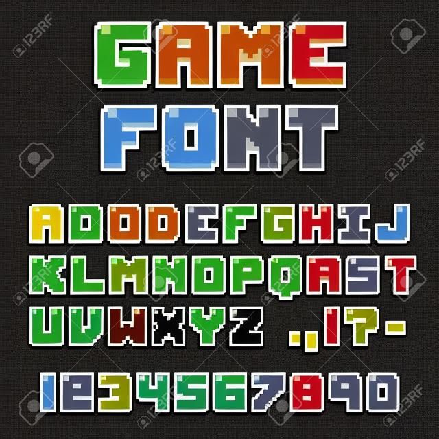 Pixel video game font. 8-bit symbols, letters and numbers. Oldschool retro nostalgic typeface.