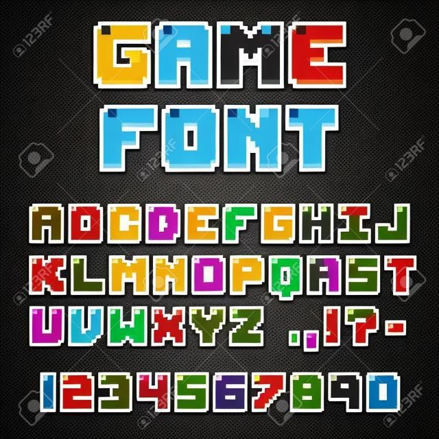 Пиксельный шрифт видеоигры. 8-битные символы, буквы и цифры. Oldschool ретро ностальгический шрифт.