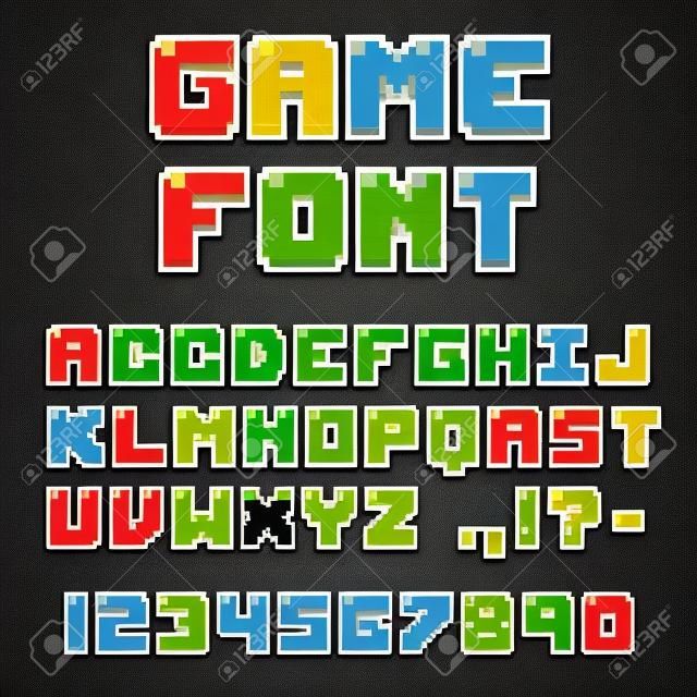 Piksel video oyunu yazı tipi. 8 bitlik semboller, harfler ve sayılar. Oldschool retro nostaljik yazı tipi.