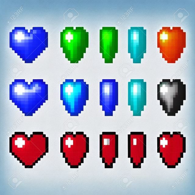 Pixel art heart animation set. 5 frame spinning 8-bit icon in different styles. Game art vector illustration.