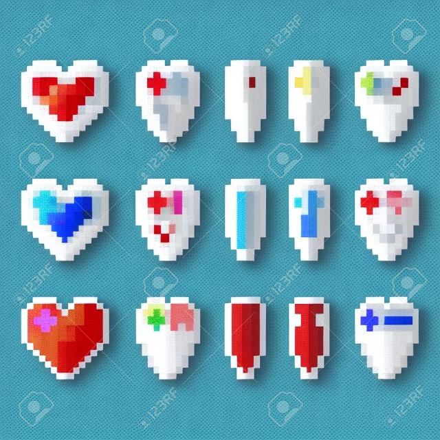 Pixel art heart animation set. 5 frame spinning 8-bit icon in different styles. Game art vector illustration.