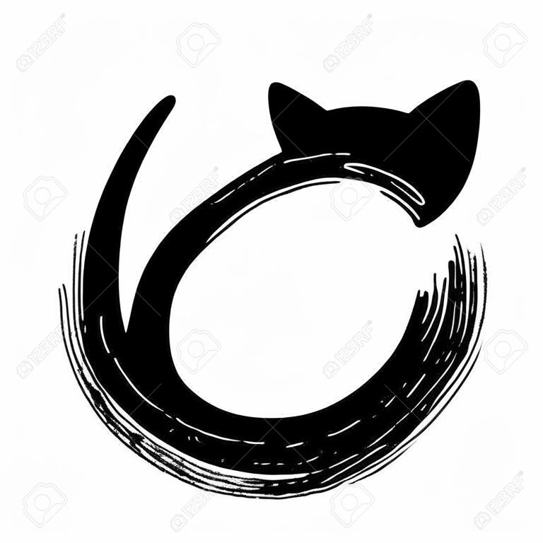 Минимальная иллюстрация спящего кота, стилизованная чернильная кисть. Японский Zen enso круг стиль простой дизайн.