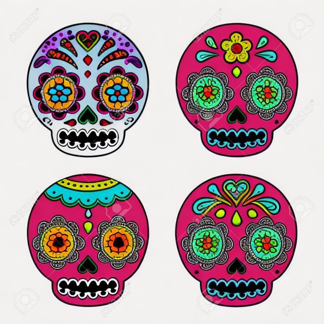 Meksikalı Dia de los Muertos (Ölülerin Günü) şeker kafatasları. Düz çizgi film tarzında sevimli basit vektör çizim.