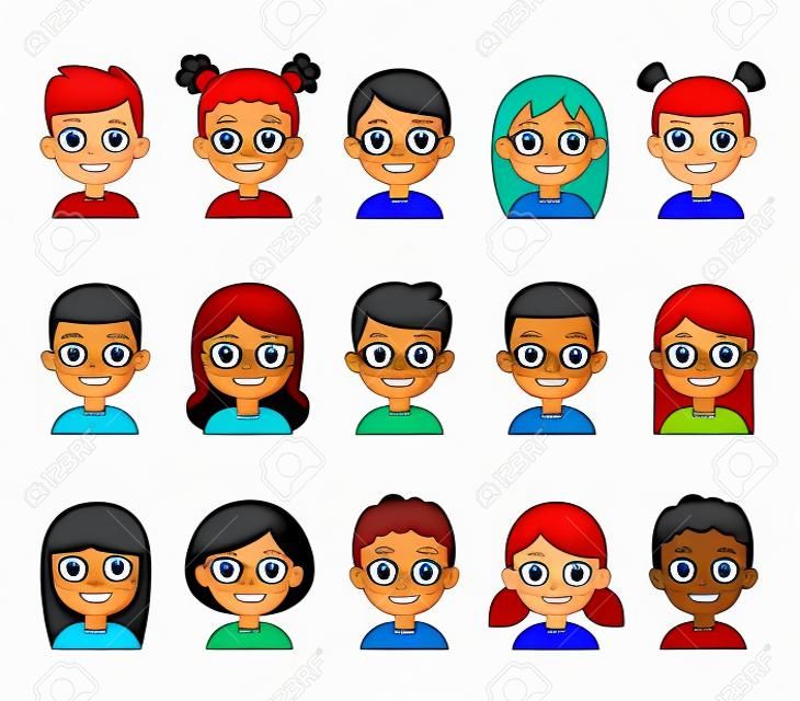 Cartoon kinderen avatar set. Leuke diverse kinderen gezichten, vector clipart illustratie.