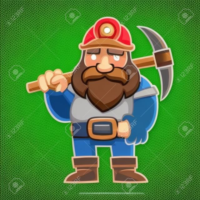 Dwarf miner in comic style. Cartoon bearded gnome with pickaxe, fantasy character design vector illustration.