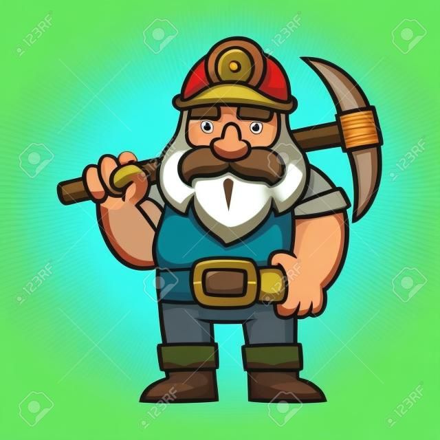 Dwarf miner in comic style. Cartoon bearded gnome with pickaxe, fantasy character design vector illustration.