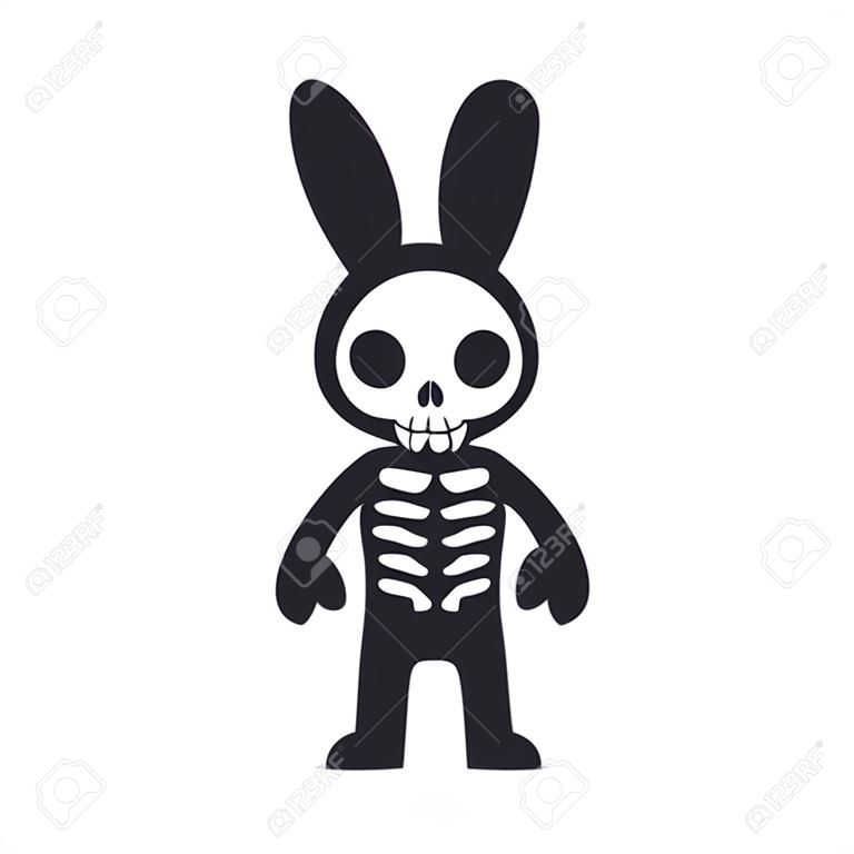 Karikatur-Kaninchen-Skelettcharakter, Todeshase. Netter und furchtsamer Halloween-Entwurf. Komische Artvektorabbildung.