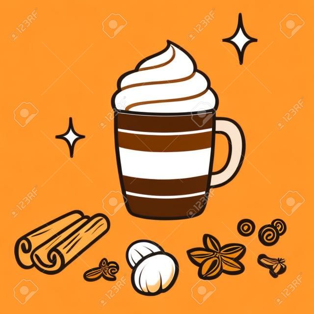 Pumpkin Spice Latte desenho. Mão desenhada xícara de café com chantilly e especiarias aromáticas: canela, cravo, noz-moscada, anis e allspice. Ilustração vetorial.