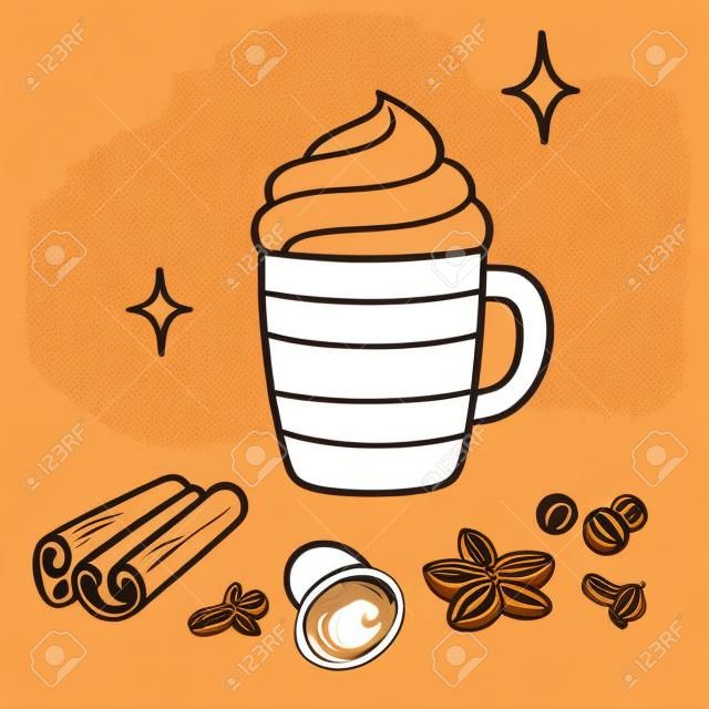 Pumpkin Spice Latte desenho. Mão desenhada xícara de café com chantilly e especiarias aromáticas: canela, cravo, noz-moscada, anis e allspice. Ilustração vetorial.