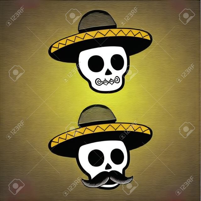 口ひげとソンブレロでメキシコの頭蓋骨。Dia デ ロス ムエルトス (死者の日) はベクトル イラストです。シンプルな黒と白の漫画アイコンやロゴ。