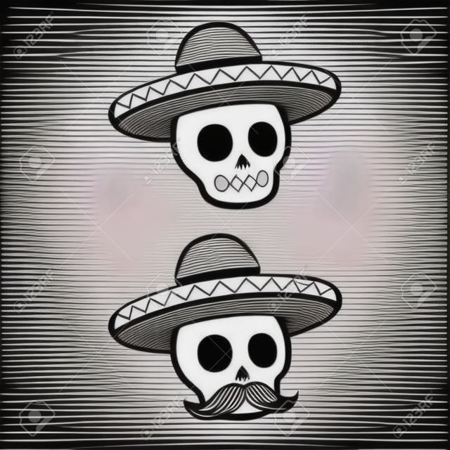 口ひげとソンブレロでメキシコの頭蓋骨。Dia デ ロス ムエルトス (死者の日) はベクトル イラストです。シンプルな黒と白の漫画アイコンやロゴ。