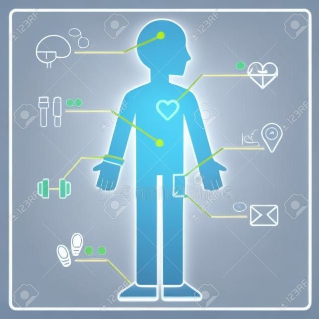 Quantified self infographics concept. Health and activity monitoring with smart devices and wearable electronics. Blueprint vector illustration of man and data from fitness tracker and smartphone.