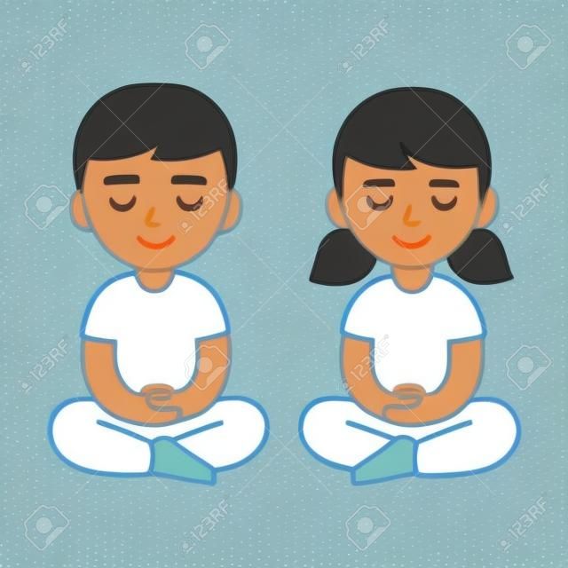 Meditazione per bambini, attività di consapevolezza dei bambini. Ragazzo e ragazza svegli del fumetto, illustrazione del carattere di vettore.