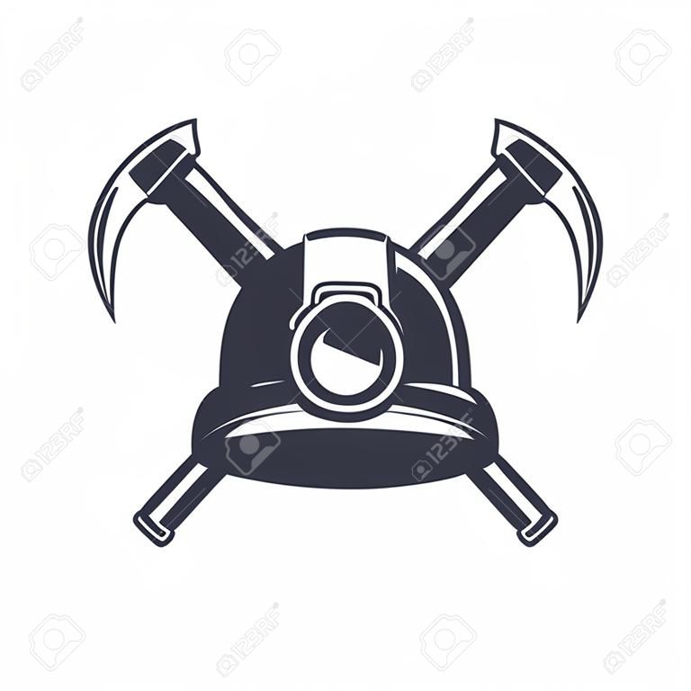 Retro mining ivon with hard hat helmet and two crossed pickaxes. Stylish monochrome vector illustration.
