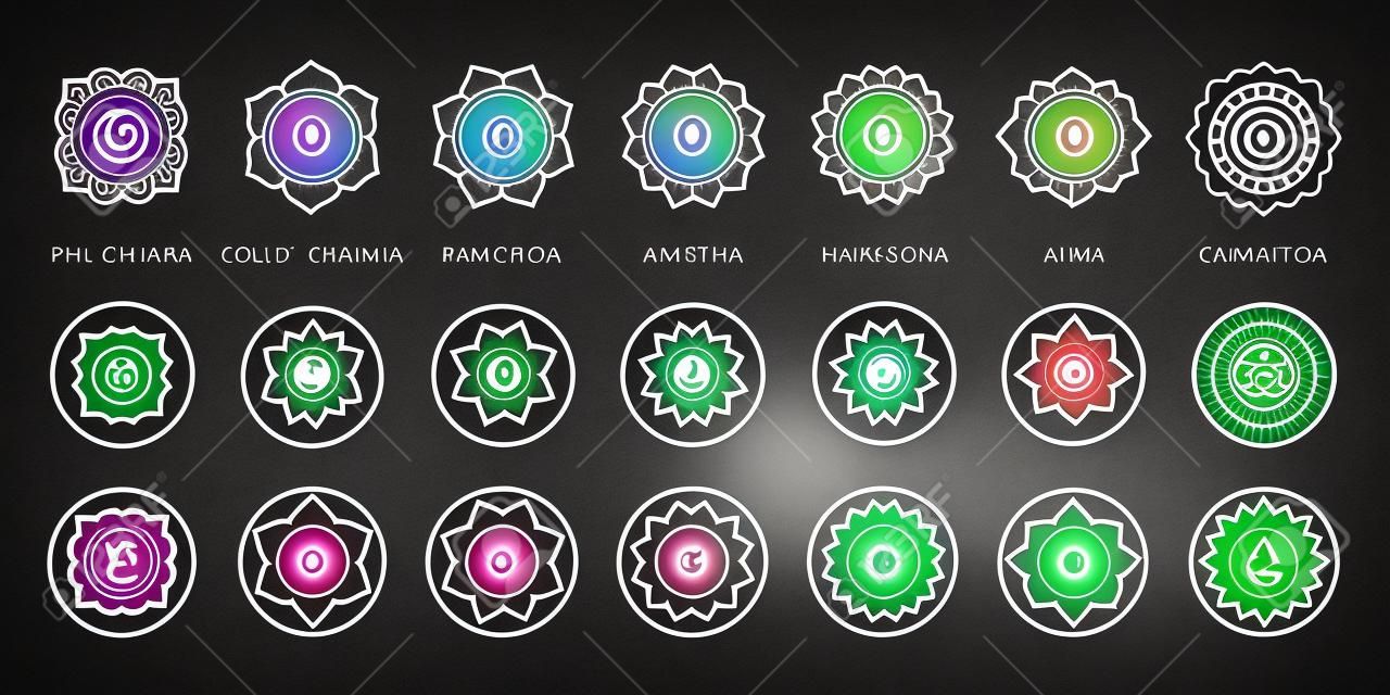 脈輪系統圖標集以不同的風格。在色環上的七個脈輪與梵語符號，簡單和現代的平面向量象形圖。