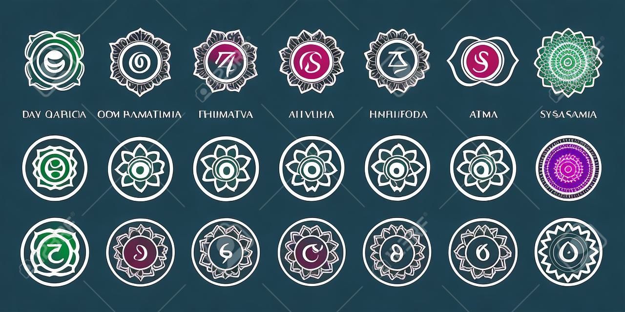 Chakra system icon set in different styles. The seven chakras on colored circles with sanskrit symbols, simple and modern flat vector pictograms.