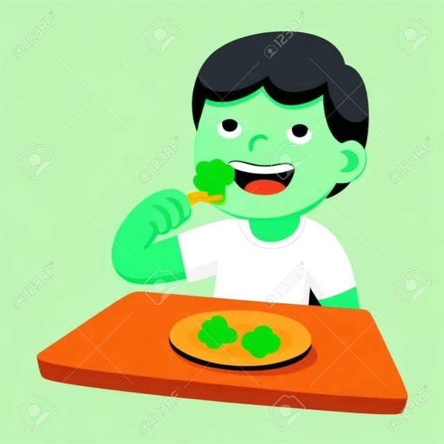 ブロッコリーを食べるかわいい漫画ハッピー少年。健康的な野菜の食べ物と子供たち、ベクトルイラスト。