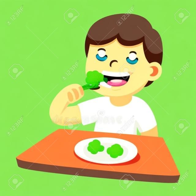 Cute dibujos animados niño feliz comiendo brócoli. Comida sana y niños, ilustración vectorial.