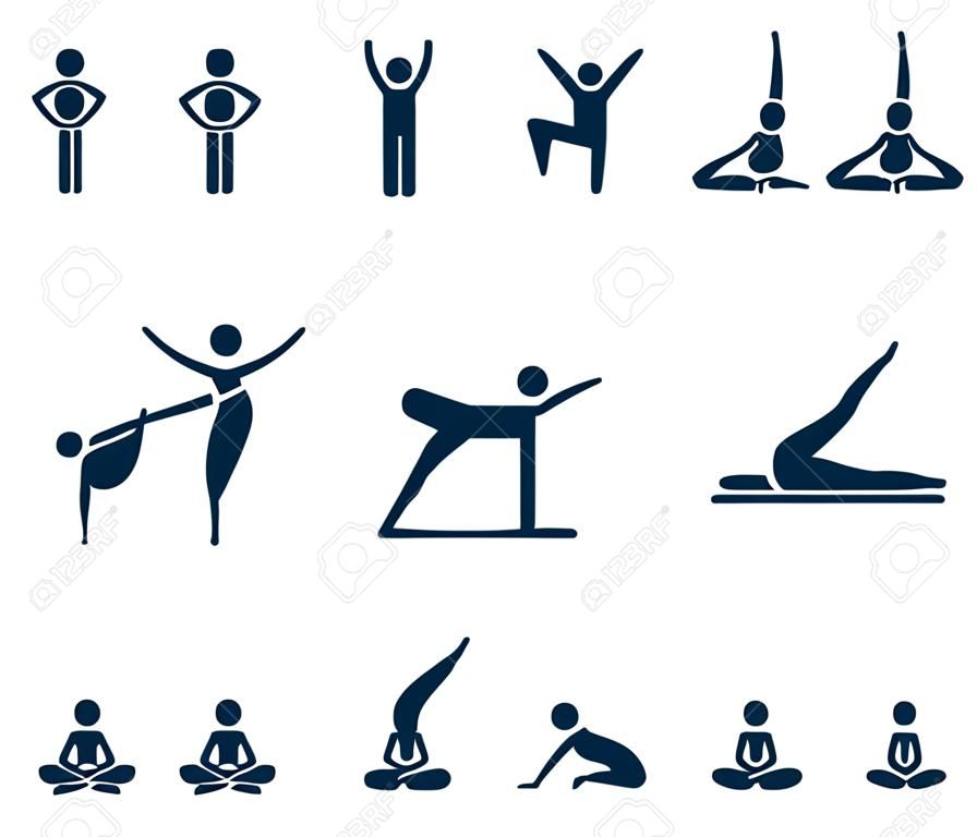 Semplice yoga stilizzato pone set di icone. Attacchi le figure in asanas di yoga, illustrazione di vettore.