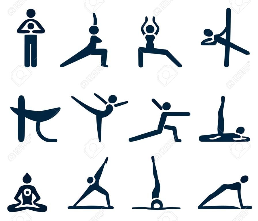 Semplice yoga stilizzato pone set di icone. Attacchi le figure in asanas di yoga, illustrazione di vettore.