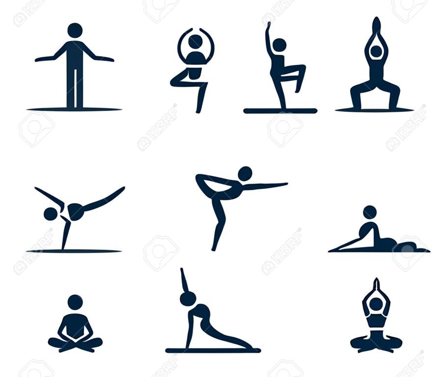 Простая стилизованная йога создает набор иконок. Фигурки в асанах йоги, векторные иллюстрации.