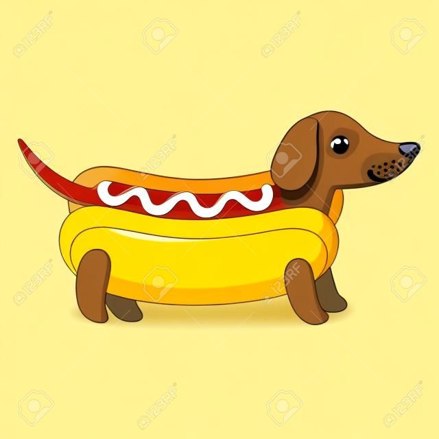 Tacskó kiskutya hot dog zsemle mustárral, vicces rajzfilm rajz. Aranyos Weiner kutya vektoros illusztráció.