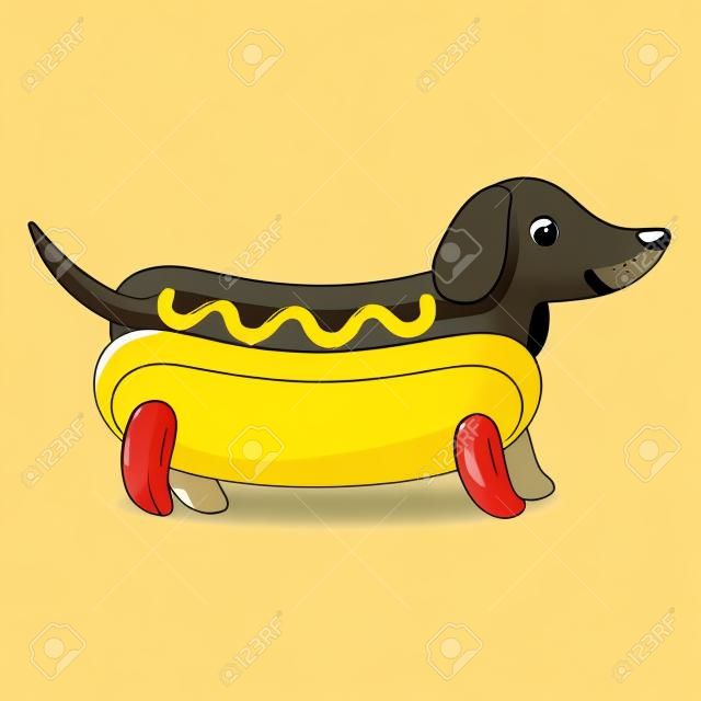 Cucciolo di bassotto in panino hot dog con senape, disegno divertente cartone animato. Illustrazione vettoriale di cane carino Weiner.