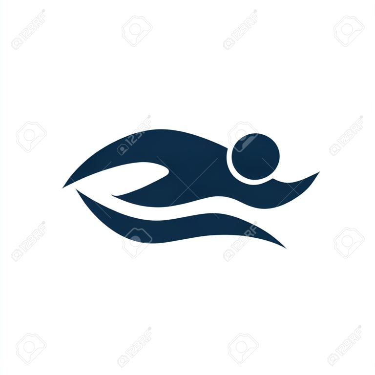 Простой значок плавания с силуэтом фигуры пловца и водной волной. Плавательный бассейн и символ вектора водных видов спорта.