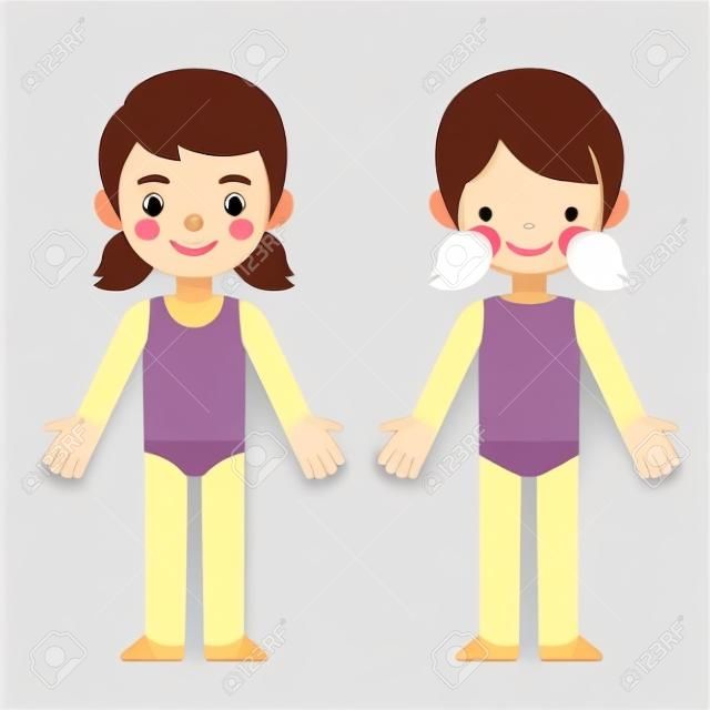 Cute cartoon little girl in underwear, front and back, body part anatomy template