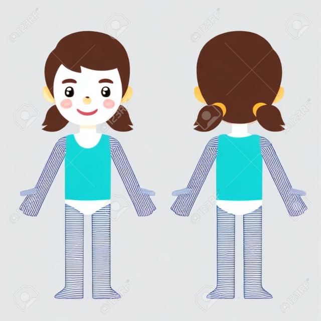 Cute cartoon little girl in underwear, front and back, body part anatomy template