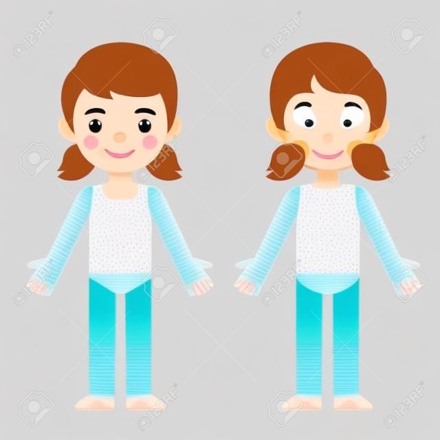Nettes kleines Mädchen der Karikatur in Unterwäsche, Vorder- und Rückseite, Anatomie-Schablone des Körperteils