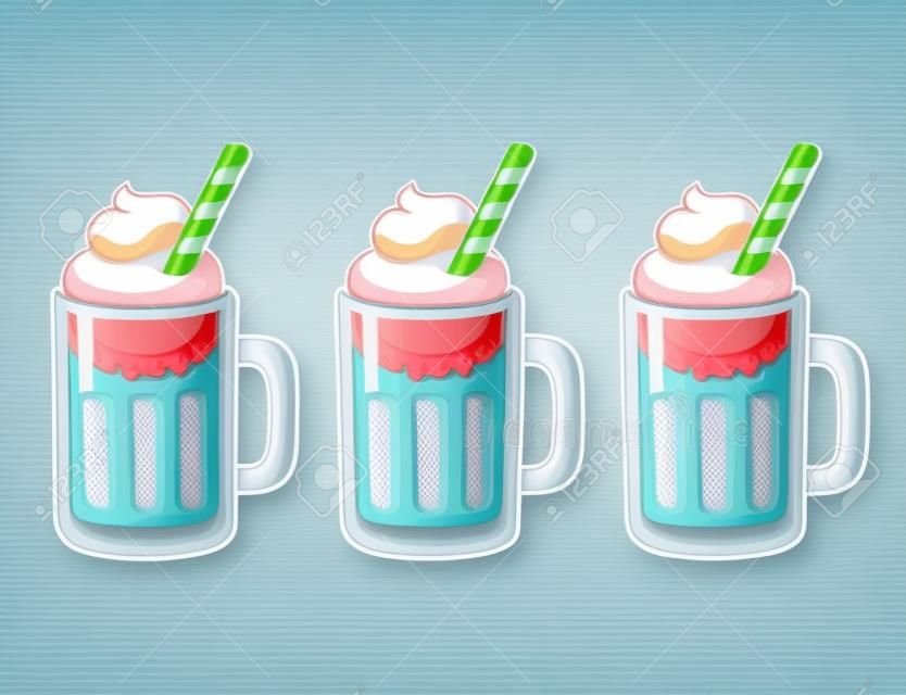 Jeu d'illustrations de flotteurs de crème glacée au soda de dessin animé. Différentes boissons non alcoolisées avec crème glacée, dessert américain traditionnel.