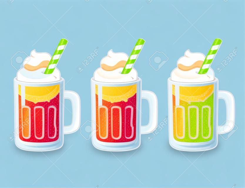 Cartoon-Soda-Eis schwimmt Illustrationsset. Verschiedene alkoholfreie Getränke mit Eis, traditioneller amerikanischer Nachtisch.